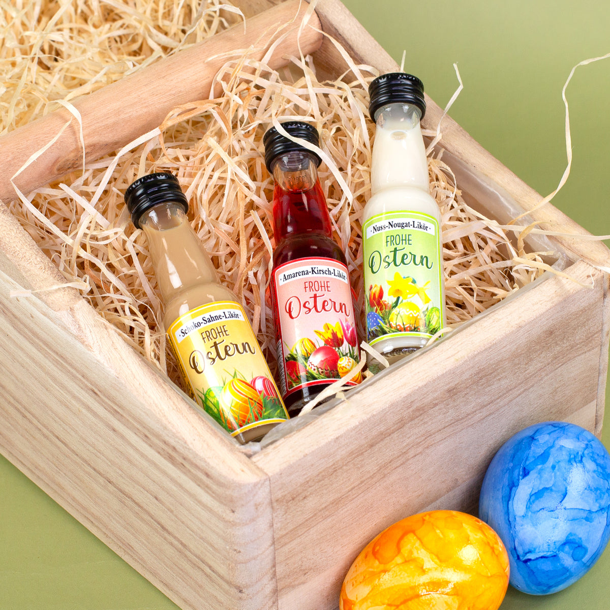Mini Liköre für das Osternest in Geschenkbox mit Frühlingsmotiv