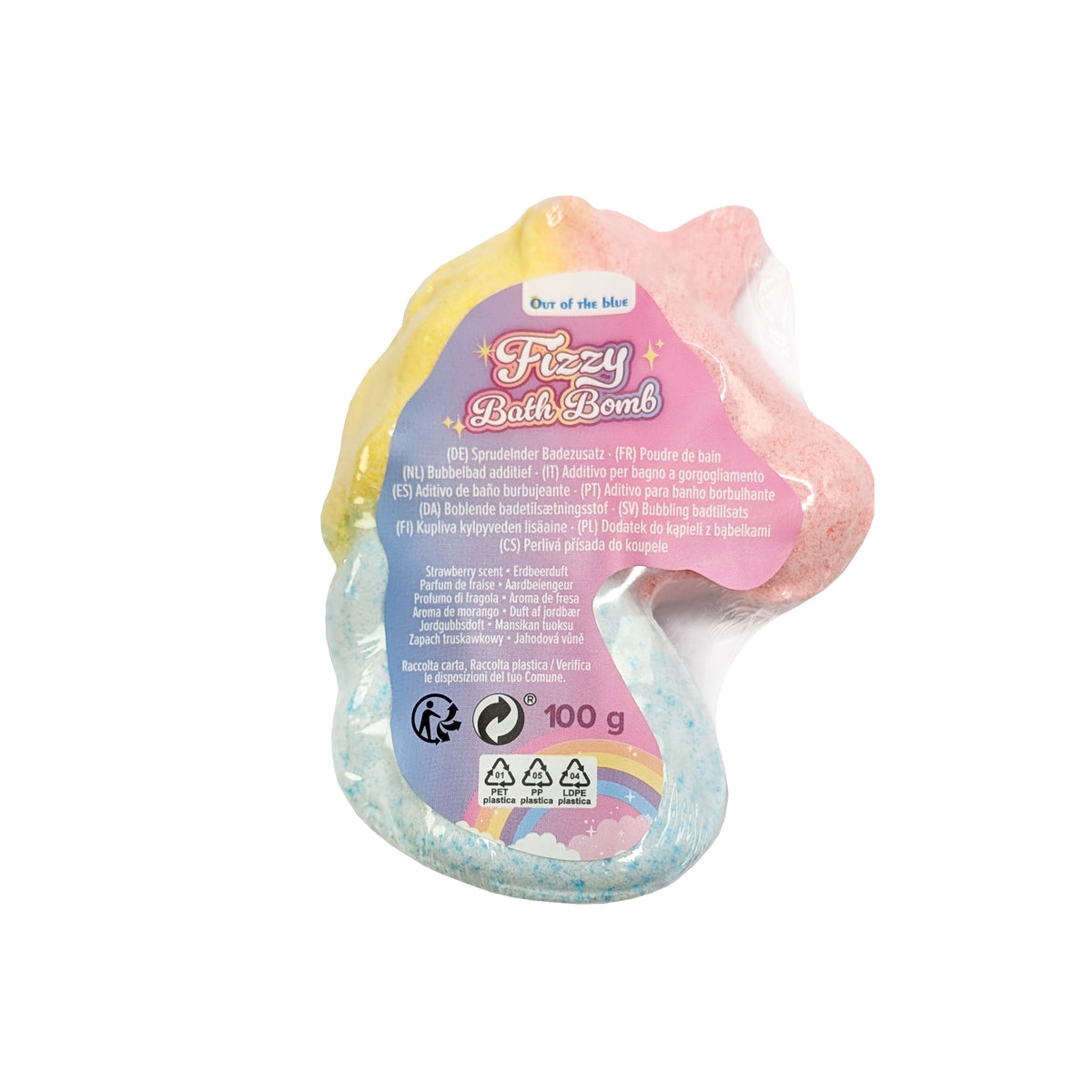Freigestellte Ansicht der Einhorn-Badekugel in Verpackung mit Etikett auf weißem Hintergrund