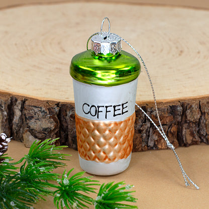 Glas Baumschmuck Coffee Becher in Weiß Gold und Grün mit Schriftzug COFFEE