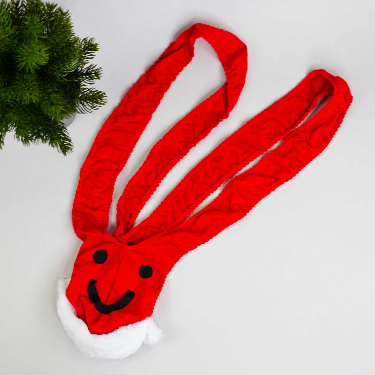 Roter Weihnachts-Mankini flach auf hellem Hintergrund, Verpackung daneben.