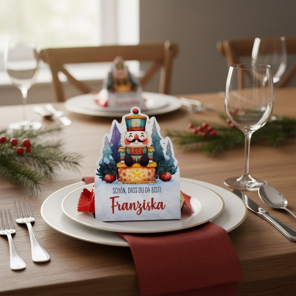 Mini-Stollen in personalisierter Nussknacker-Verpackung als Namensschild auf gedecktem Tisch mit weihnachtlicher Dekoration