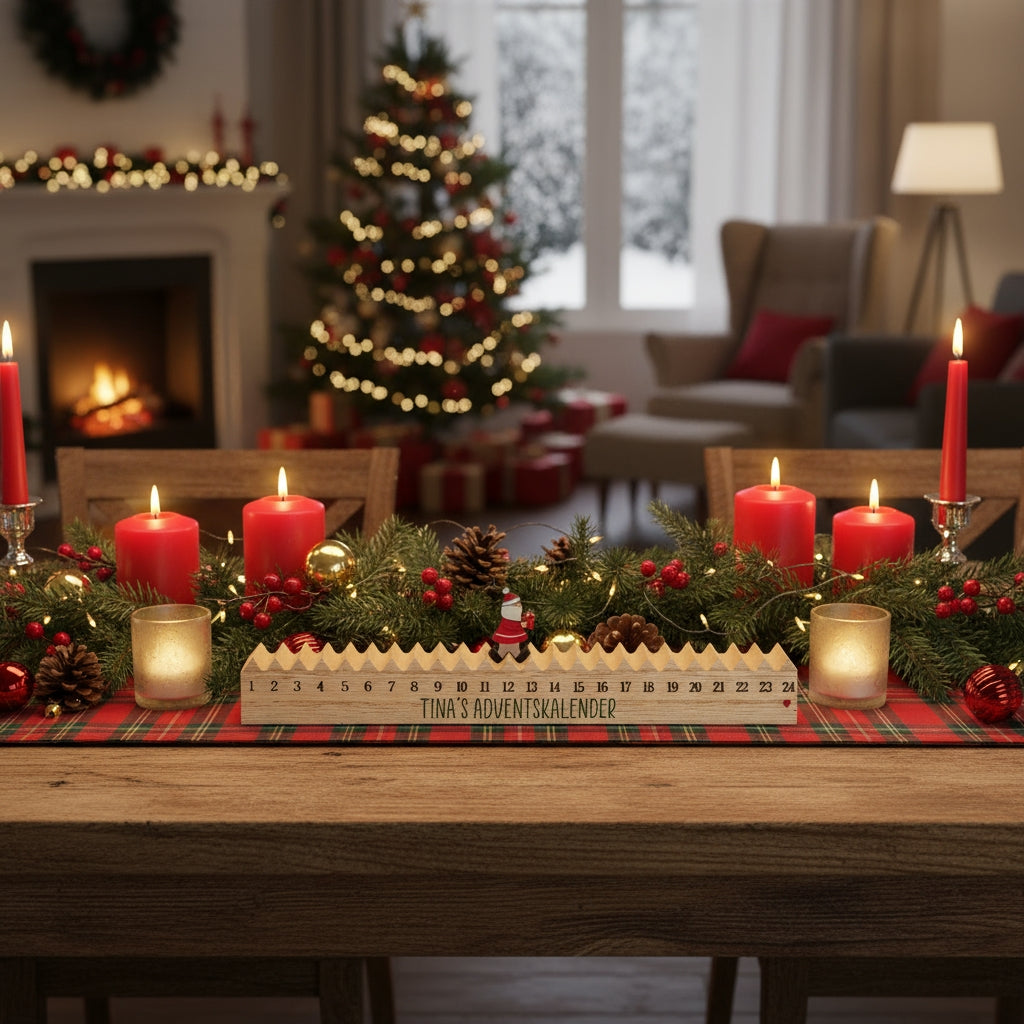 Holz-Adventskalender mit Aufdruck „Tina’s Adventskalender“ und Weihnachtsmann-Figur auf einem Tisch in einem weihnachtlich dekorierten Raum