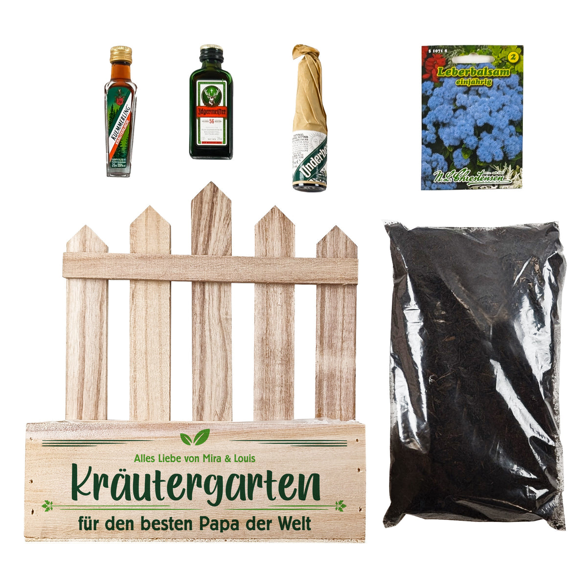 Freigestelltes Bild der einzelnen Bestandteile des Sets vor weißem Hintergrund