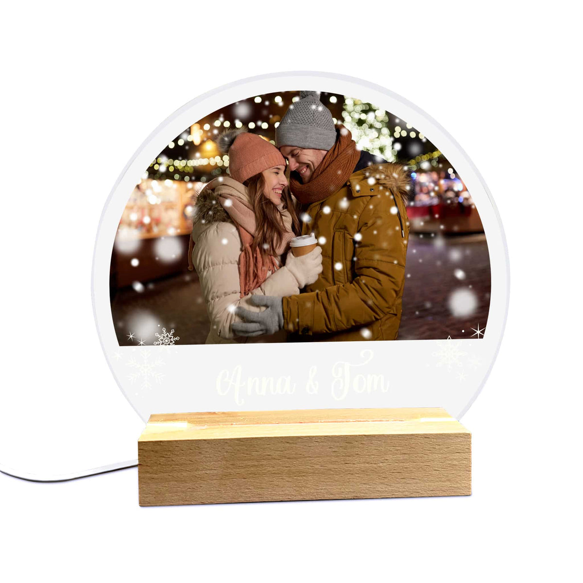 LED Acrylglas Lampe mit USB-C Kabel bedruckt mit Foto, Schneeflocken und Name