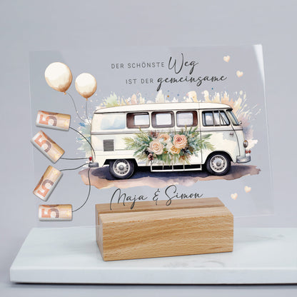 Acrylschild mit Hippie-Bus & Blumenmotiv inkl. Wunschnamen zur Hochzeit