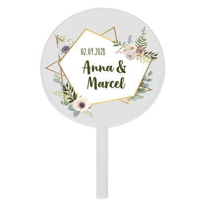 Runder Acryl Tortentopper Hochzeit mit Namen und Datum, florales Design mit Goldrahmen freigestellt