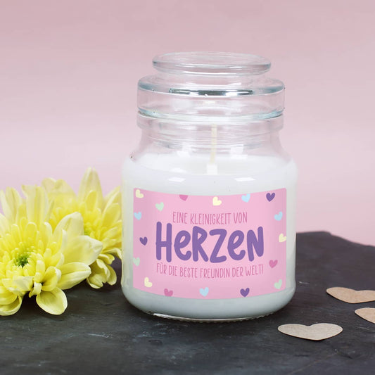 Duftkerze im Glas mit personalisiertem "Eine Kleinigkeit von Herzen"-Etikett mit Text nach Wunsch