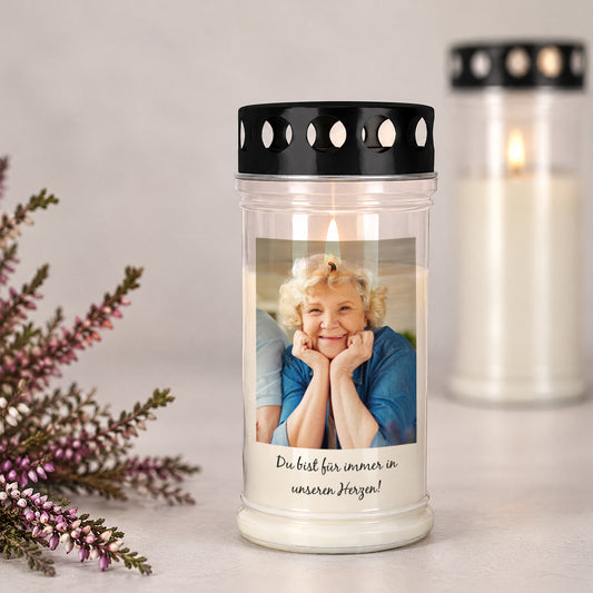 Grablicht in 2 Größen personalisiert mit Foto und Wunschtext