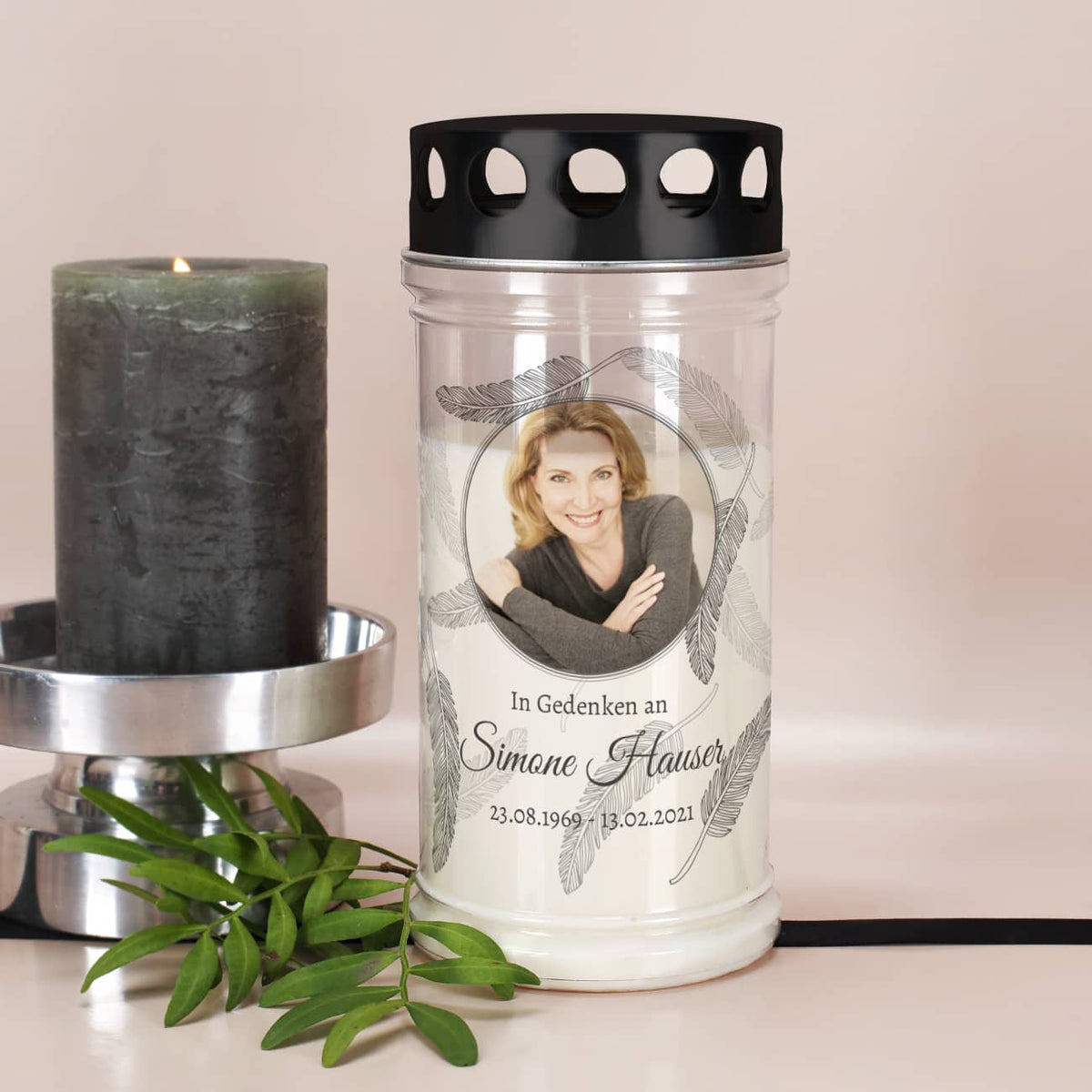 Grablicht mit Name, Datum und Foto bedruckt als Trauergeschenk
