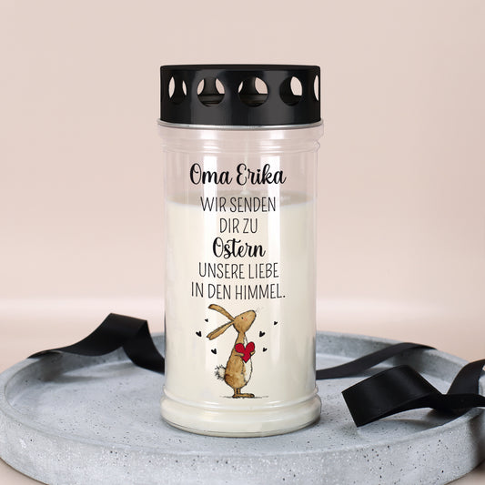 Personalisiertes Oster Grablicht mit Wunschtext und Spruch Wir senden dir unsere Liebe in den Himmel