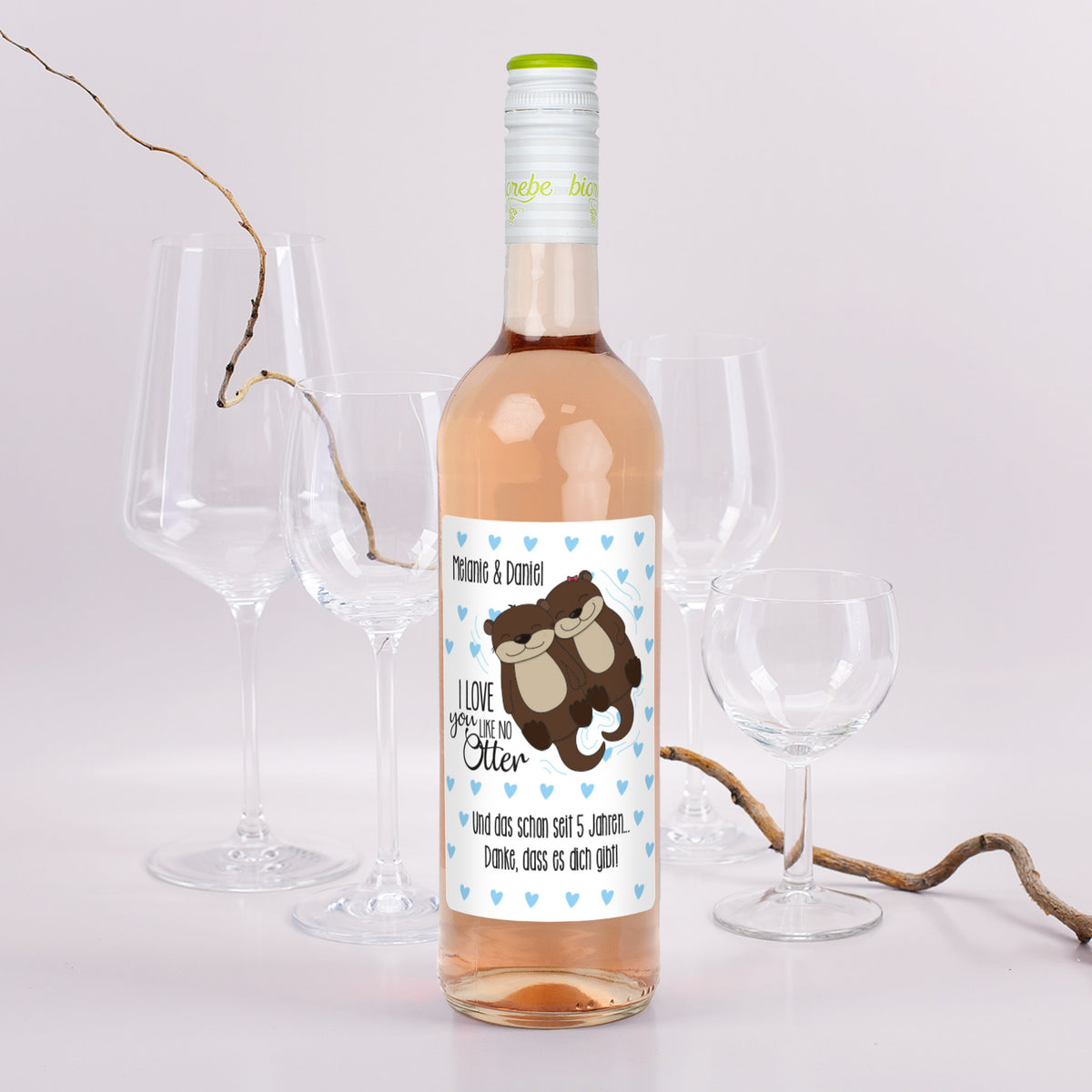 Personalisierte Weinflasche mit Otter-Motiv, Roséwein, Text „I love you like no Otter“, romantisches Geschenk