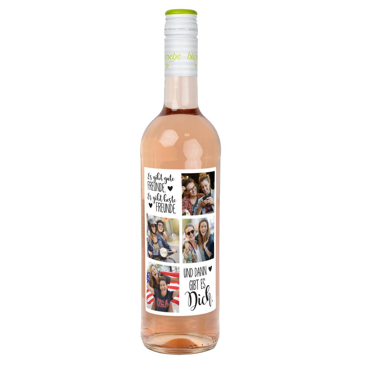 Flasche Roséwein (freigestellt) mit personalisiertem Freunde-Motiv „Es gibt gute Freunde, es gibt beste Freunde, und dann gibt es Dich“ und vier Foto-Platzhaltern.