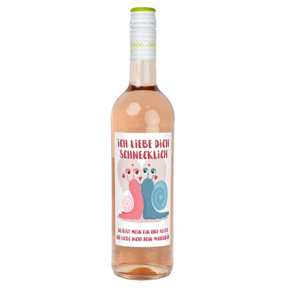 Roséweinflasche mit Etikett „Ich liebe dich schnecklich“, verliebte Schnecken im Herz-Design