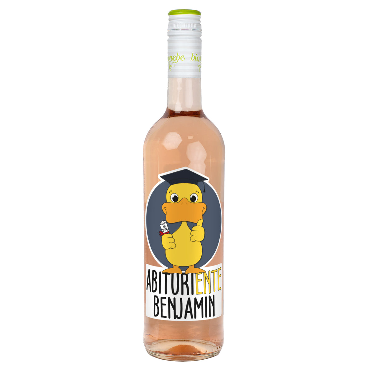 Personalisierte Weinflasche mit Roséwein, Etikett „Abituriente Benjamin“ und Ente mit Doktorhut und Diplom, freigestellt vor weißem Hintergrund