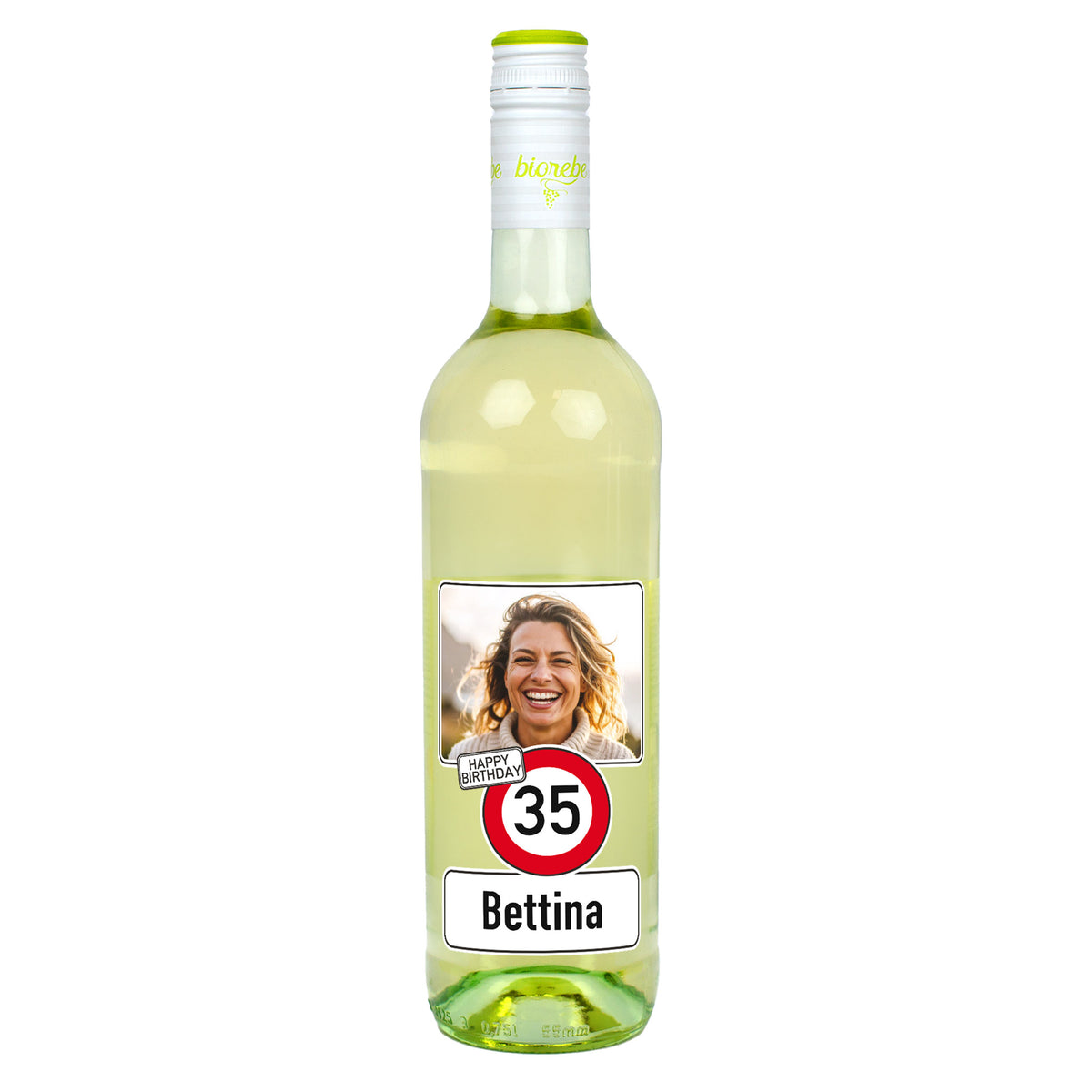 Personalisierte Weißweinflasche zum 35. Geburtstag mit Foto und Name Bettina, Verkehrszeichen-Design