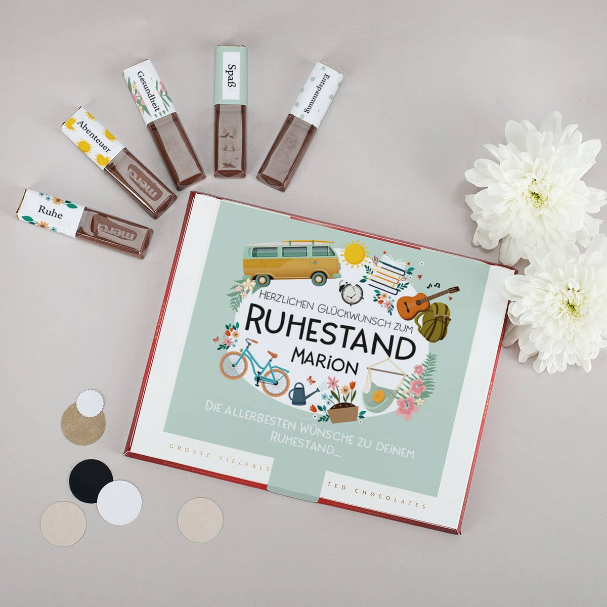 Aufkleber Set zur Rente mit Hobby-Motiv, Name und Wunschtexten