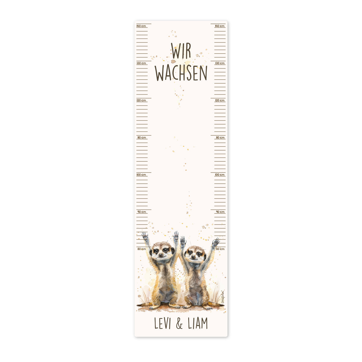 Wandtattoo Messlatte Erdmännchen-Zwillinge mit Namensaufdruck