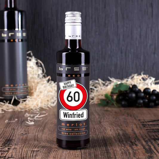 Kleiner BREE Wein zum Geburtstag mit Verkehrszeichen, Name und Alter