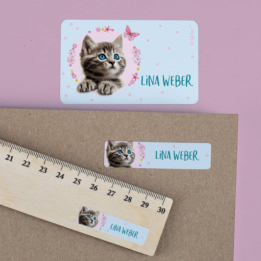 Schule Aufkleber mit Baby-Katze und Name 