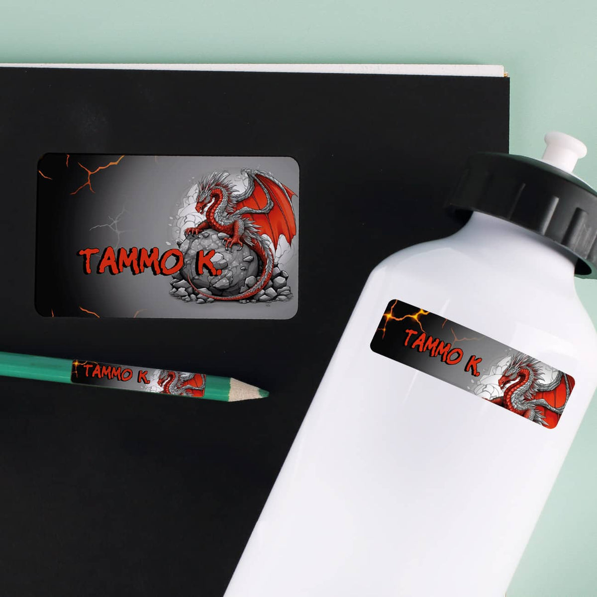 100-teiliges Aufkleber-Set mit rotem Drache und Name