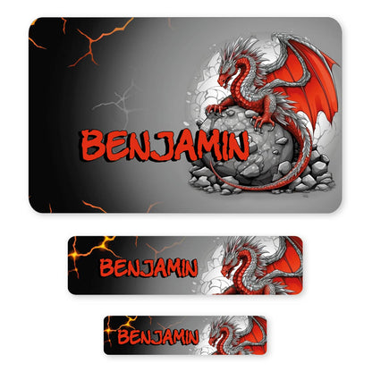 100-teiliges Etiketten-Set mit rotem Drache und Name