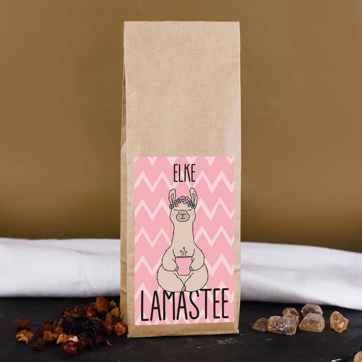 Lamastee Früchtetee mit Lama Motiv und Name