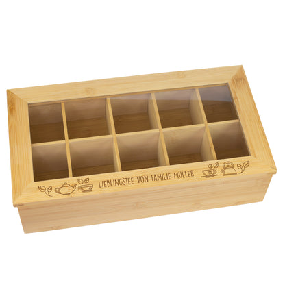 Teebox aus Bambus mit 10 Fächern & Wunschtext graviert | Personalisiertes Geschenk für Teeliebhaber