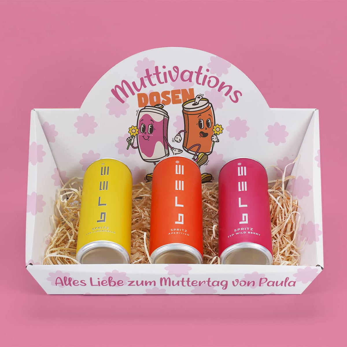 Muttivationsdosen - 3 Bree Spritz Dosen in personalisiertem Geschenkkorb zum Muttertag