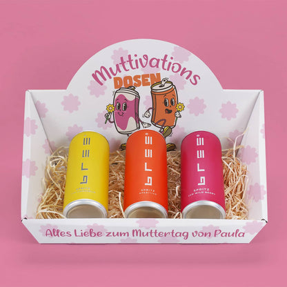 Muttivationsdosen - 3 Bree Spritz Dosen in personalisiertem Geschenkkorb zum Muttertag