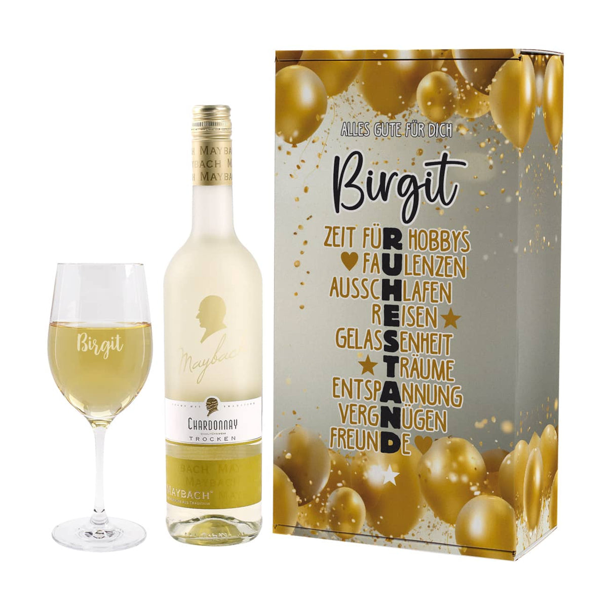 Weinset zur Rente mit Maybachwein und graviertem Glas