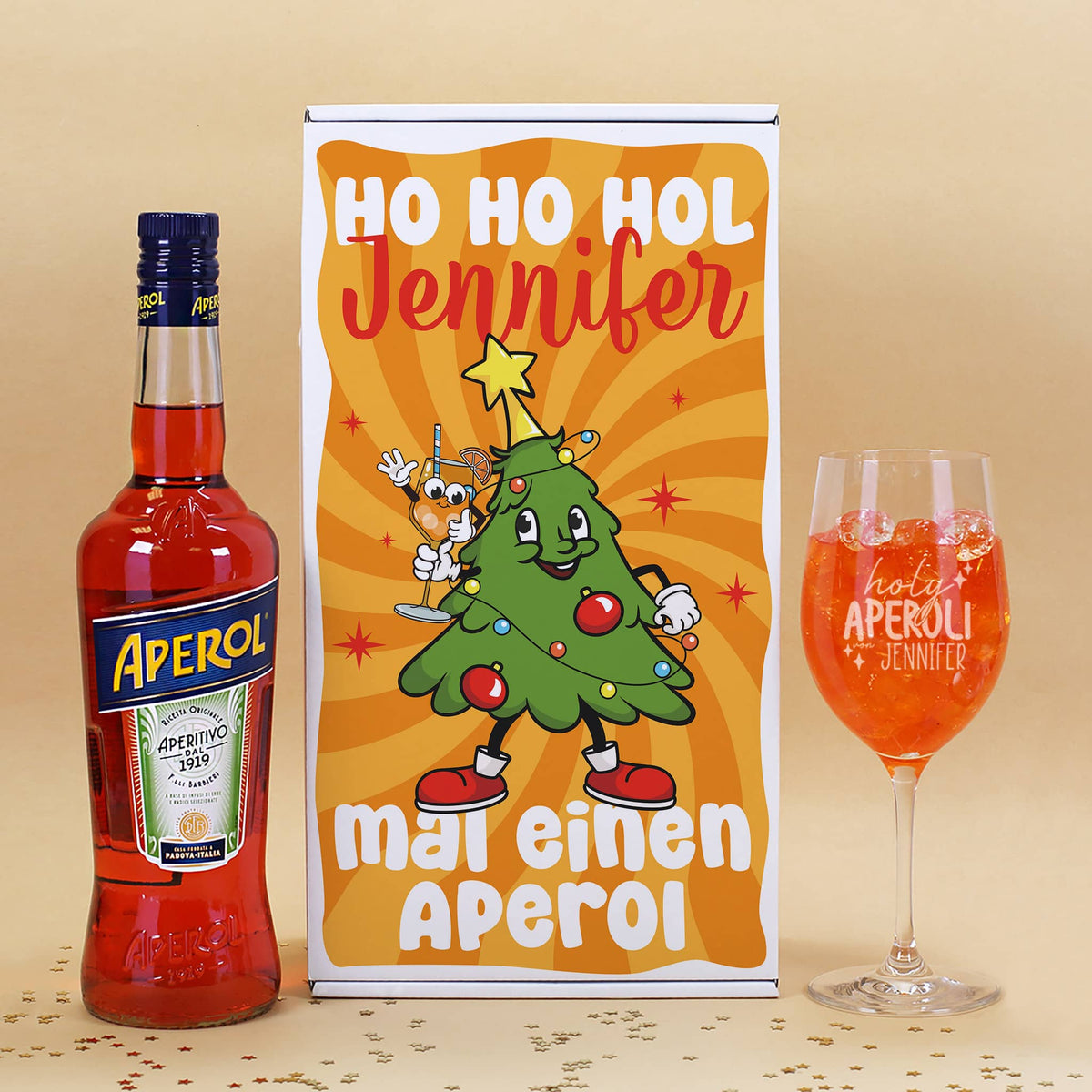 Personalisierte Geschenkbox, Glas mit Namensgravur & Flasche Aperol