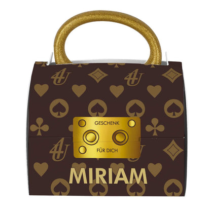 Personalisierte goldene Tasse mit Tassentasche im Designer-Look