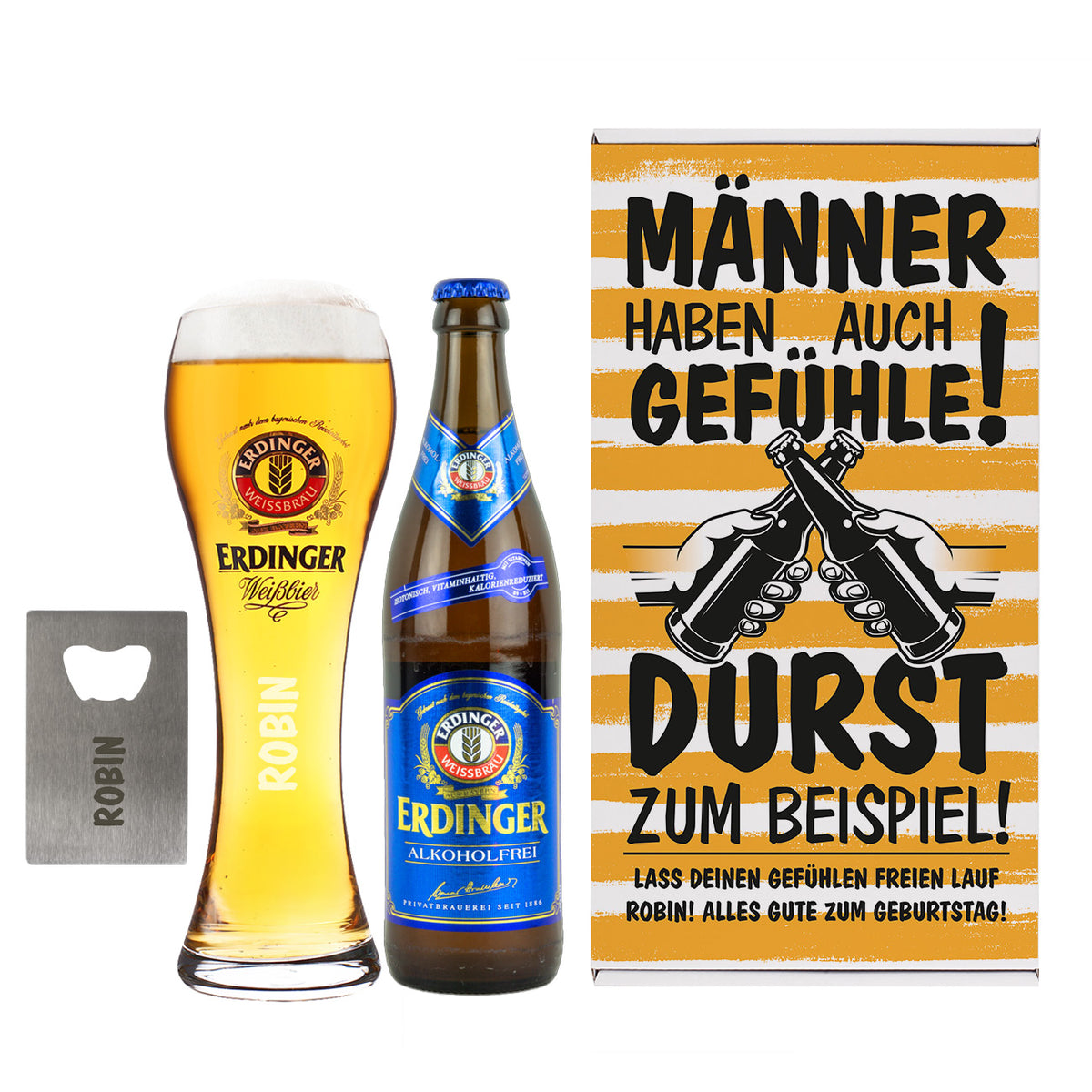 Erdinger Weißbier alkoholfrei und Weizenglas und Flaschenöffner mit Namensgravur vor weißem Hintergrund.