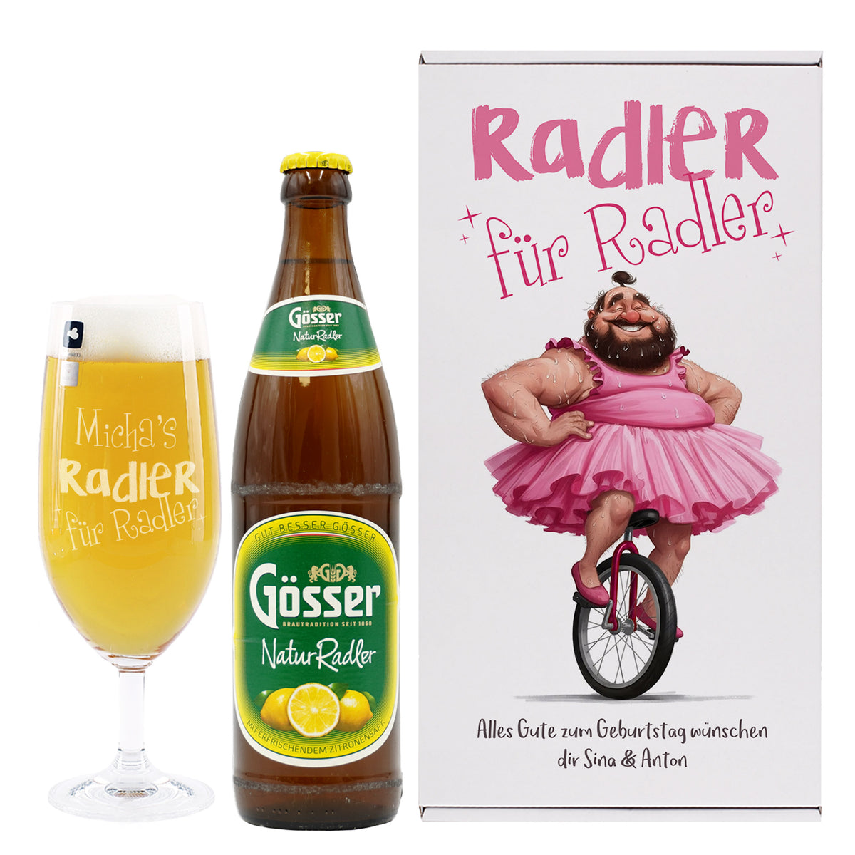 Komplettes Geschenkset: personalisiertes Bierglas, Gösser NaturRadler Flasche und Geschenkbox mit Motiv