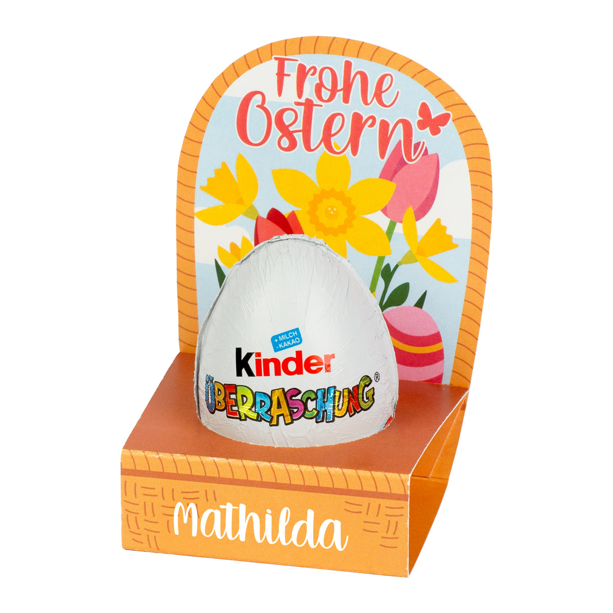 Freigestelltes personalisiertes Überraschungsei mit Blumenmotiv und Name Mathilda
