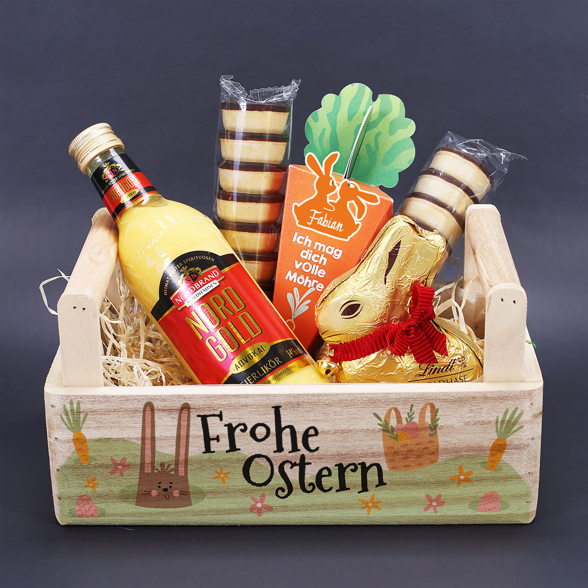 Geschenkset zu Ostern mit Eierlikör Nordgold, Lindt Goldhase und Möhrenbox mit Name