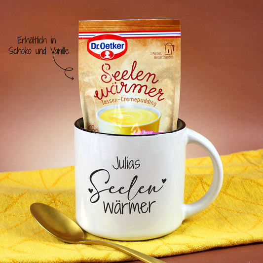 Seelenwärmer Geschenkset mit personalisierter Tasse und wählbarem Pudding in Schokolade oder Vanille Geschmack