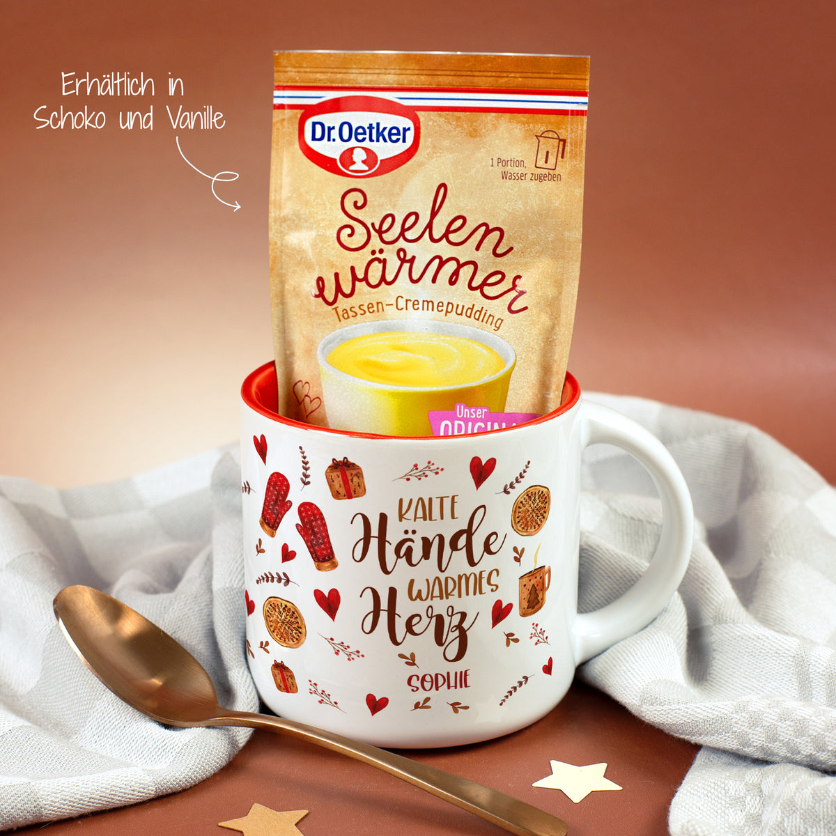 Personalisierte Tasse Kalte Hände warmes Herz mit Name Sophie und Dr. Oetker Tassenpudding Vanille