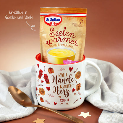 Personalisierte Tasse Kalte Hände warmes Herz mit Name Sophie und Dr. Oetker Tassenpudding Vanille