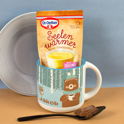 Weihnachtsgeschenk für Kinder mit personalisierter Bär Tasse und Vanille Tassenpudding