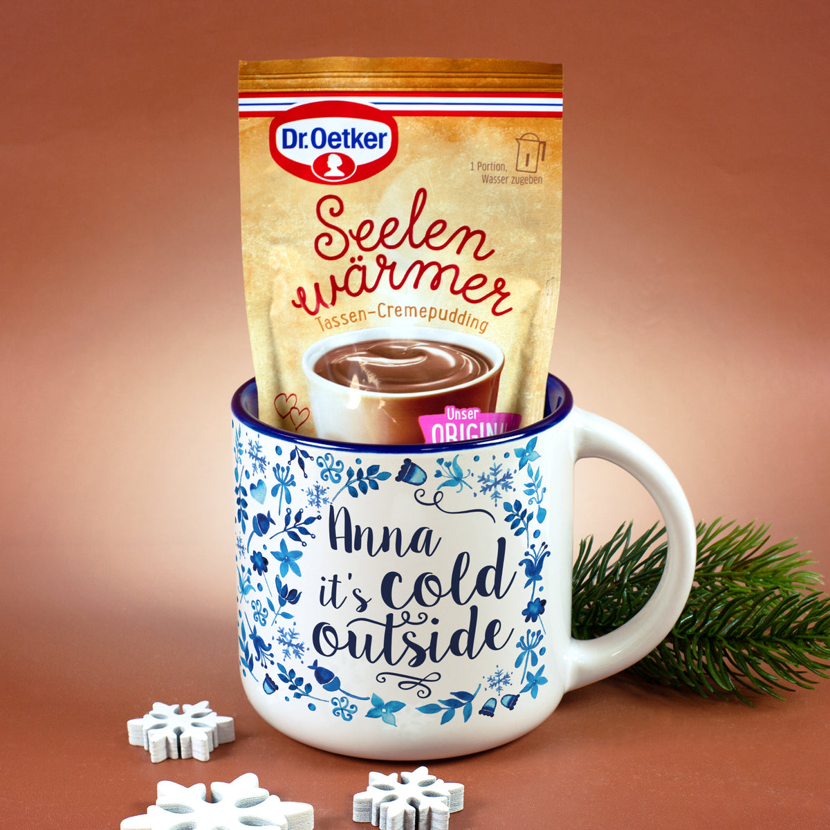 Geschenk Set mit personalisierter Tasse und Tassenpudding in Schokolade