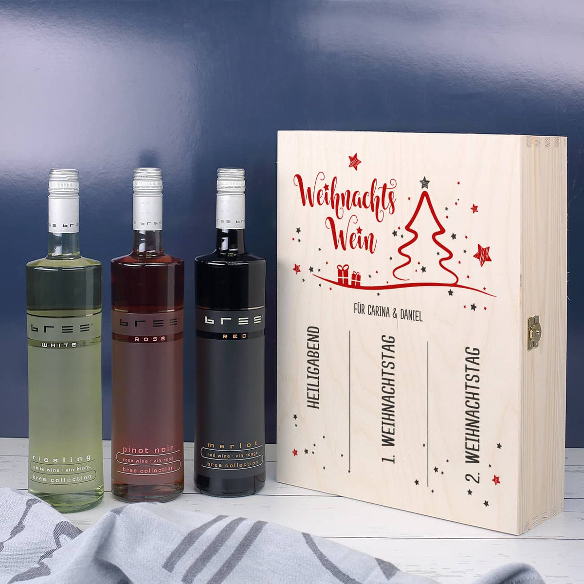 Weihnachtswein in edler Holzbox mit persönlichem Aufdruck