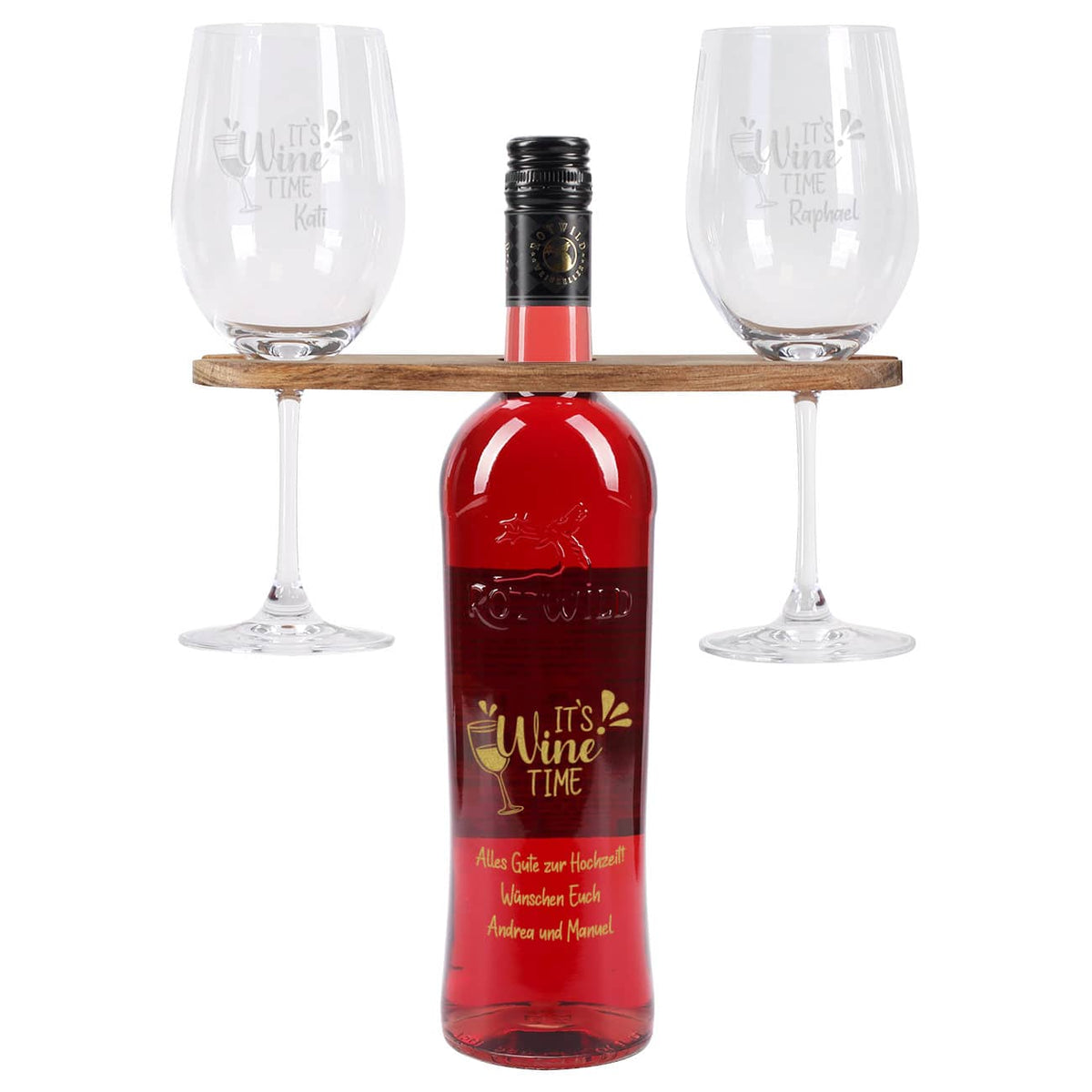 Personalisiertes Geschenkset mit individueller goldener Gravur auf der Flasche