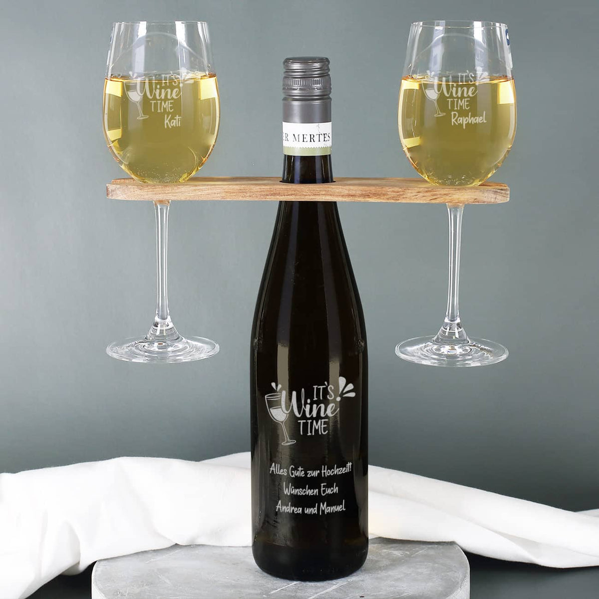 Wein-Geschenkset mit "It`s Wine Time", Wunschtext und Namen als Gravur