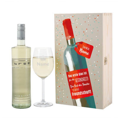 Weißweinset - Auf die Freundschaft mit graviertem Glas