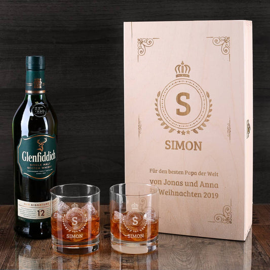 Glenfiddich Whisky Geschenkset mit Monogramm, Name und Wunschtext graviert