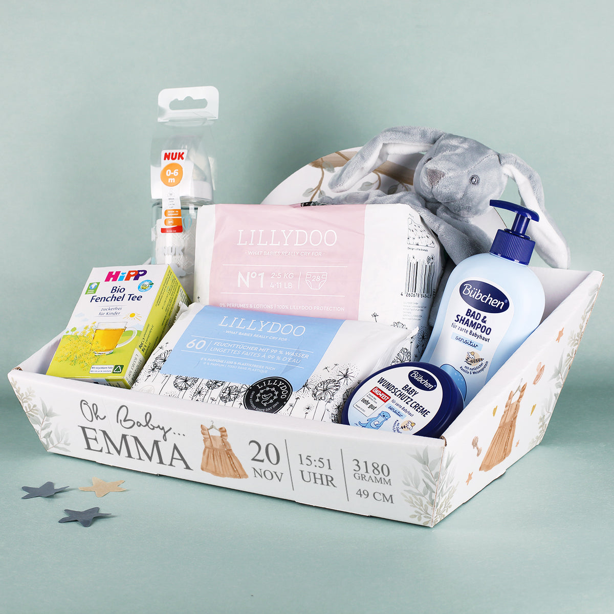 Gefüllter Geschenkkorb zur Geburt
