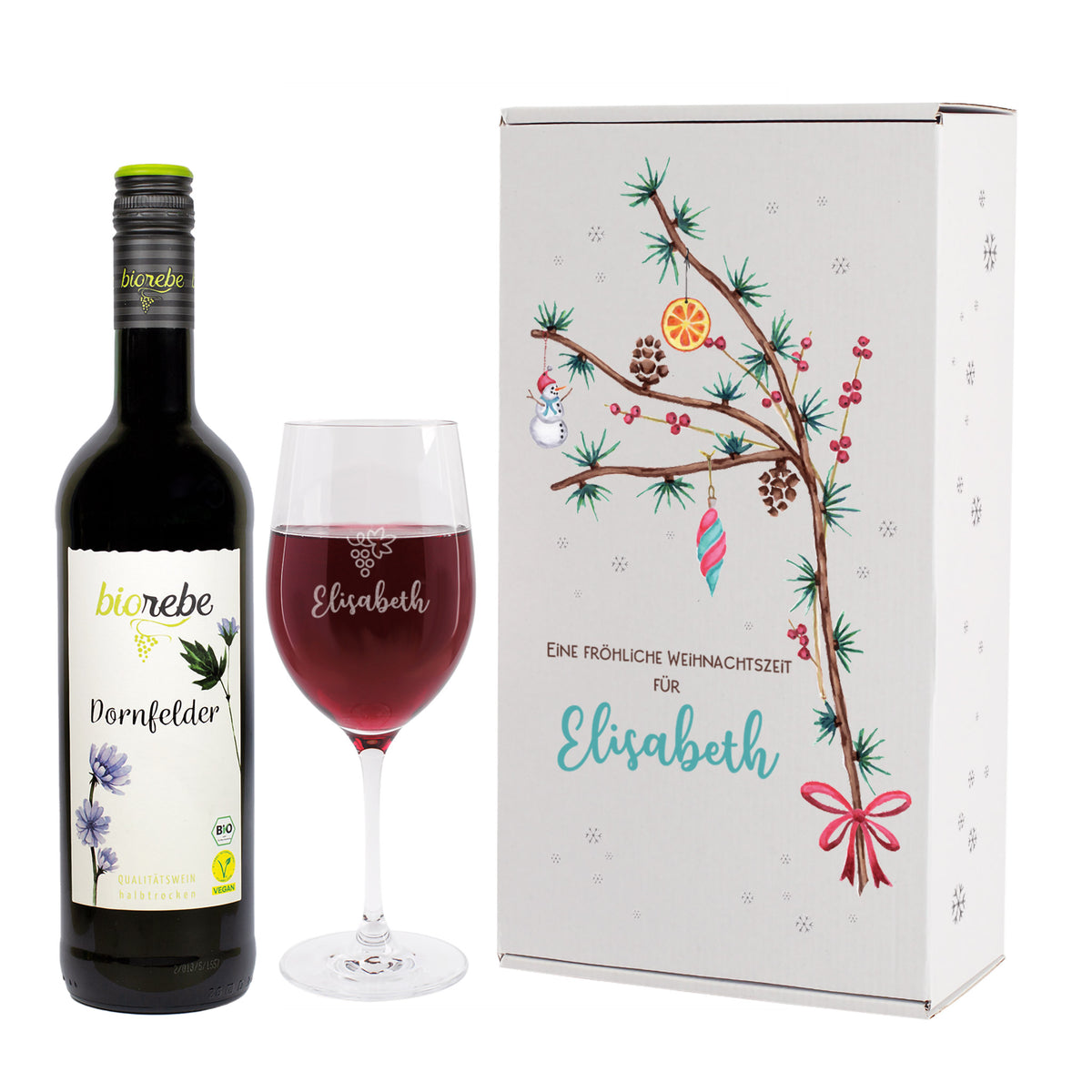 Wein-Geschenkset zu Weihnachten mit Biorebe Wein, Weinglas in festlicher Geschenkbox | 3 Sorten