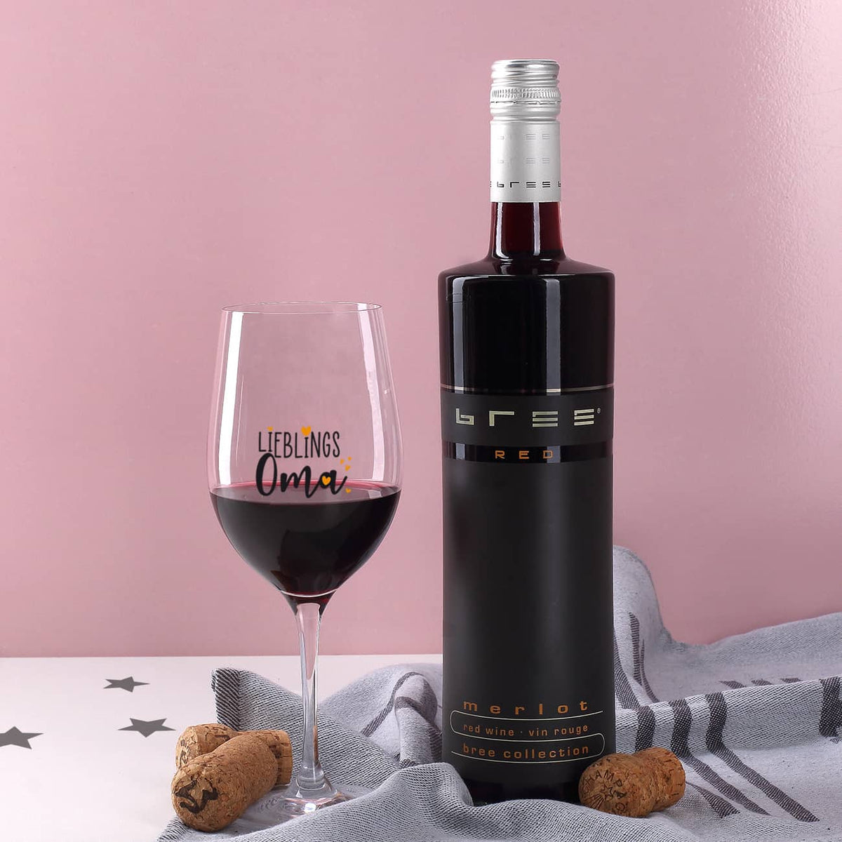Lieblingsoma - Weingeschenk mit bedrucktem Glas und Rotwein