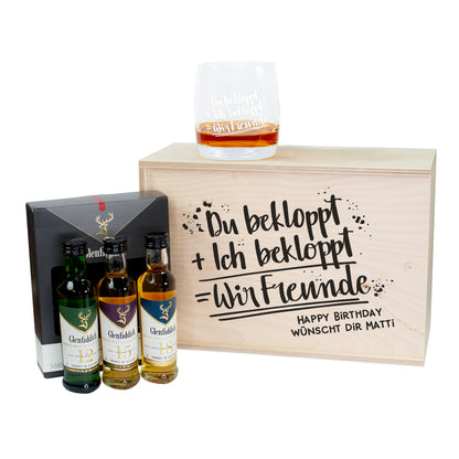 Freunde Whisky Geschenkset mit personalisierter Holzbox, Glenfiddich Miniaturen und Whiskyglas zum Geburtstag